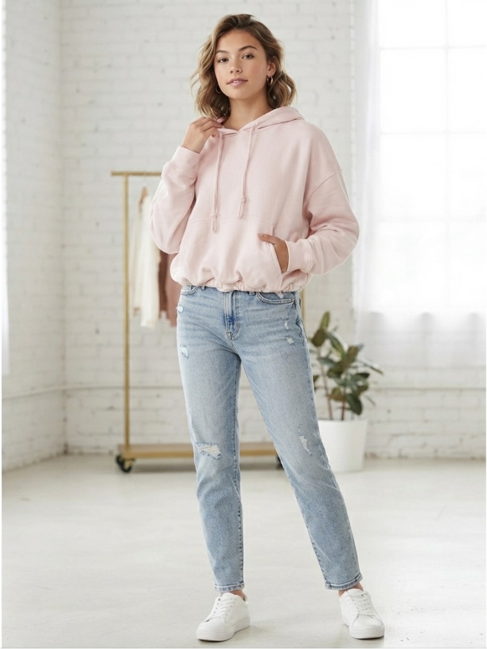 No Boundaries Pink Crop Bubble Hem Drawstring Hoodie Sweatshirt Girls XL 16-18